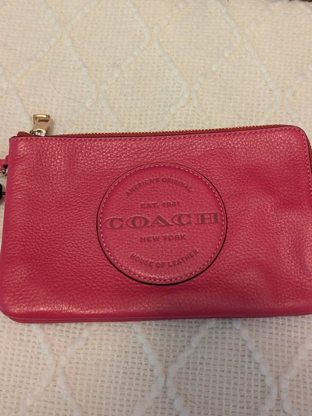 COACH Dempsey Double Zip Wristlet with Patch - Fuchsia color